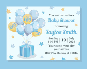 Horizontally baby shower invitation with blue balloons Its a boy