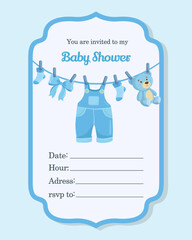 Cute elegant baby shower invitation template with blue boy clothes flat illustrations