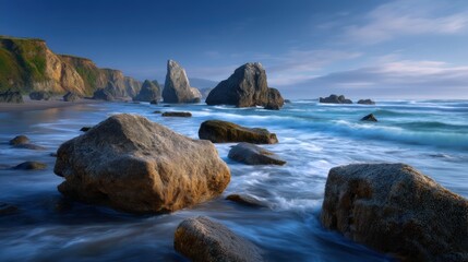 Dramatic Seascape of California Coastline Featuring Weathered Rocks and Swirling Ocean Waves Under a Tranquil Blue Sky a Captivating Coastal Vista