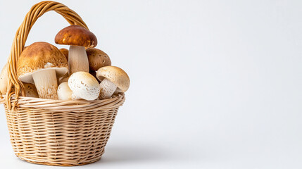 Fresh mushrooms in woven basket create rustic and inviting display, perfect for culinary inspiration and nature lovers