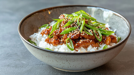 Delicious rice bowl with tender chicken, savory sauce, sesame seeds, and fresh green onions, creating delightful meal experience