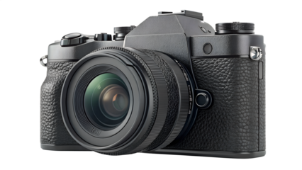 Black dslr camera with lens isolated on transparent background