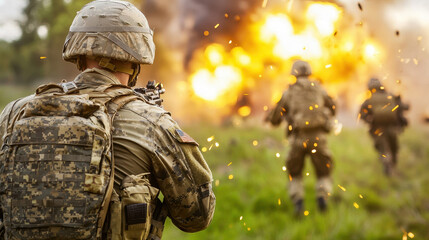 Soldiers in combat military action explosion tactical gear battlefield intense moment teamwork training exercise outdoor environment