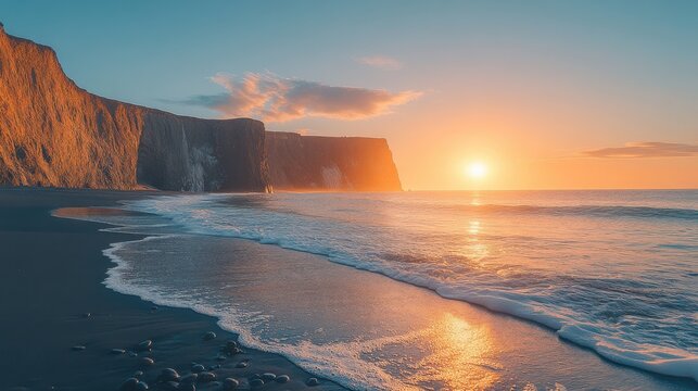 Golden hour illuminates dramatic volcanic cliffs and the serene ocean waves lapping onto a dark sandy beach under a vast sky
