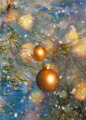 Christmas tree. New Year decorations. Christmas tree toys hanging on branch covered snow. Happy New Year. Back yard, Sunlight