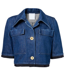 Denim jacket with pleated front detail and buttons isolated on a white background