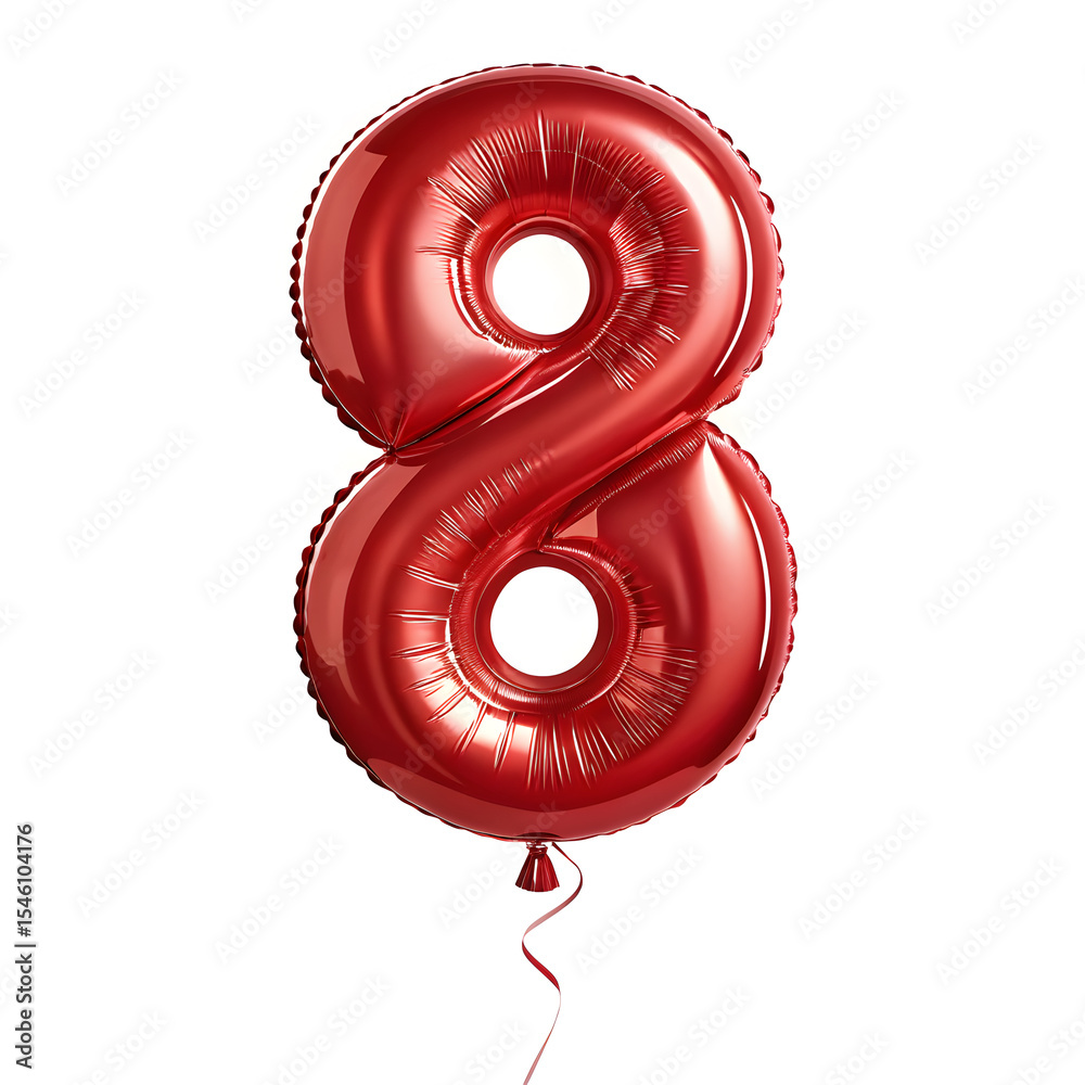 Fototapete a balloon shaped like the number 8,glossy red metallic finish with realistic reflections and smooth 