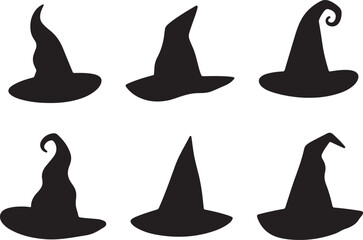 Halloween witch hat silhouette bundle, Witch magic hat vector, Set of different witch hats or magic hat vector illustration, witch hat silhouette black symbol