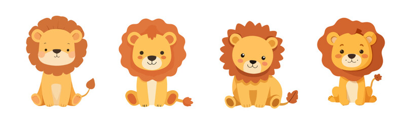 Set of Cute Cartoon Lion Vector Illustrations in Different Sitting Poses Isolated Safari Wild Animal Graphic Design Element Collection