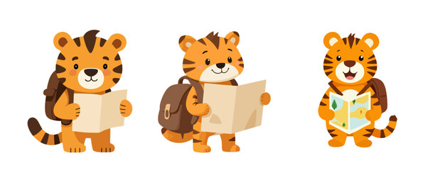 Cute Cartoon Tiger Character with Backpack Reading Map Adventure Exploration Travel Vector Illustration Set