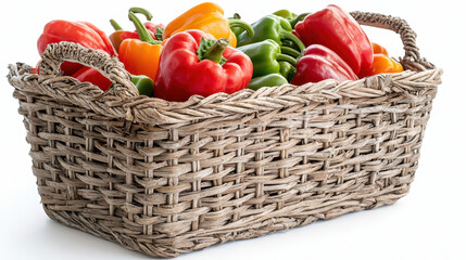 Woven straw basket filled with colorful bell peppers, including red, yellow, green, and orange varieties, showcases fresh produce