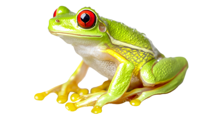 A vibrant green tree frog with striking red eyes on  on transparent background png