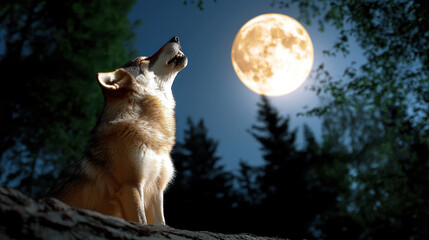 Majestic wolf howls under bright full moon, surrounded by lush trees in serene night setting. scene evokes sense of wilderness and tranquility