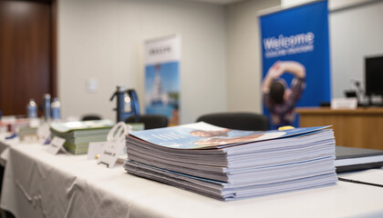 Stack of orientation brochures on a registration table in a conference room  