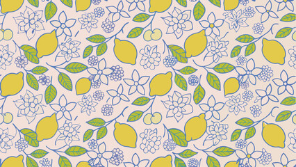 Seamless pattern featuring lemons leaves and flowers in a repeating design creating a vibrant backdrop image