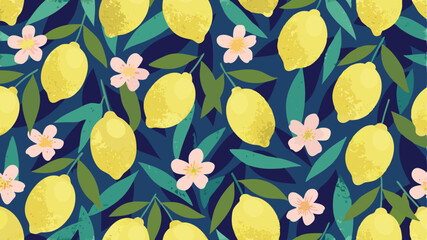 A colorful pattern featuring lemons, leaves, and blossoms on a dark blue background creating a vibrant design