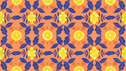 Repeating pattern of yellow lemons and flowers with blue leaves on an orange background creates a vibrant design
