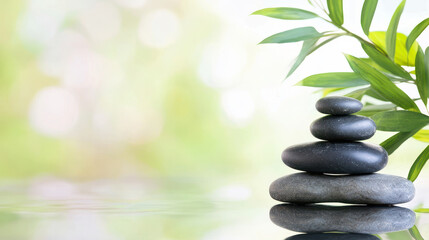 Serene stacked stones with green leaves create peaceful atmosphere, perfect for relaxation and meditation