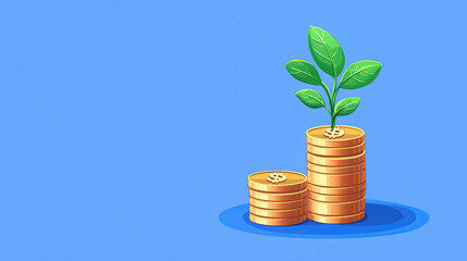 Stack of coins with small plant growing from top, symbolizing financial growth and investment. background is solid blue color, creating vibrant