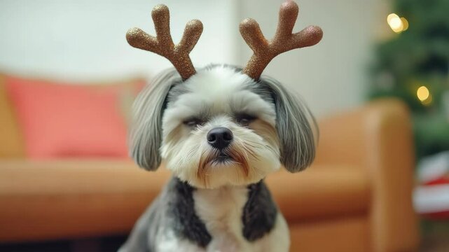 Yorkie wearing reindeer antlers and looking grumpy, sitting on a couch in a holiday room.