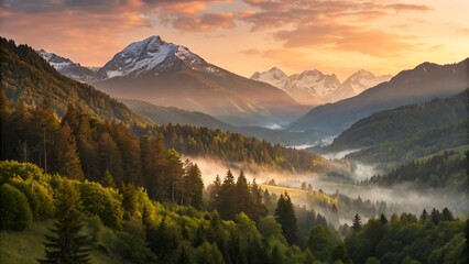 Vast mountain landscape at sunrise, a panoramic view of peaks, valleys, and forests under a vibrant sky