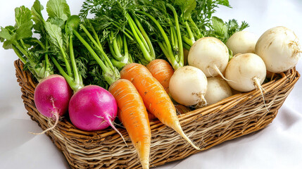Fresh vegetable basket with vibrant carrots, radishes, and turnips, showcasing colorful assortment of healthy produce