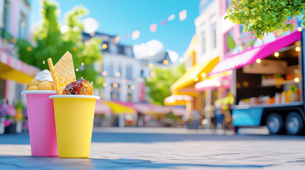 Delightful ice cream cones in vibrant cups, set in colorful street scene with festive decorations, evoke joyful summer atmosphere