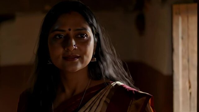 A woman in traditional attire stands in a softly lit room, her expression serene as sunlight filters through the wooden door, creating a warm atmosphere - desi mature women