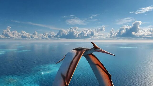 Pterosaur Soaring: A pterosaur, a prehistoric flying reptile, soars gracefully through a clear, azure sky over the endless sea. The scene exudes the majesty of these ancient creatures.