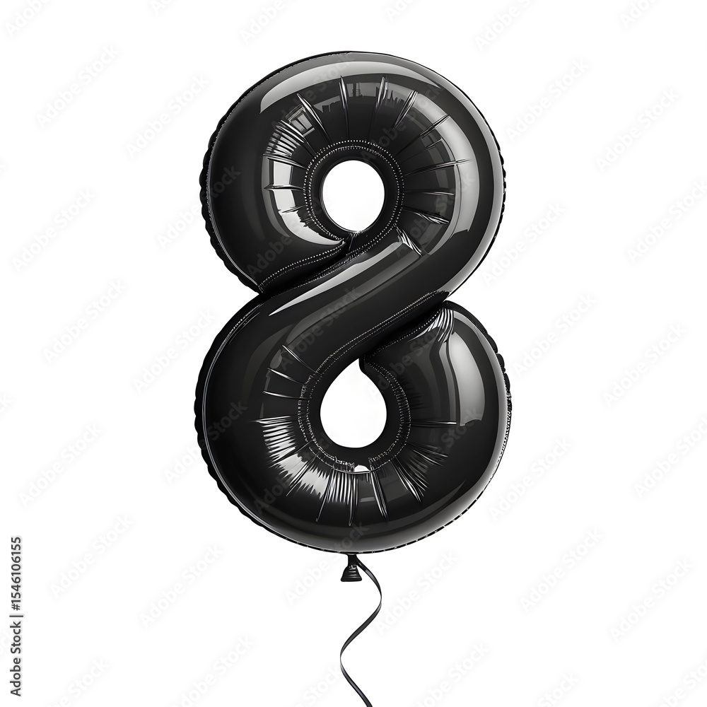 Fototapete a balloon shaped like the number 8,matte black metallic finish with realistic reflections and smooth