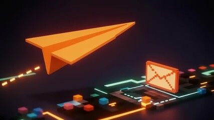 A vibrant orange paper airplane soaring above a colorful digital circuit board, symbolizing communication and connectivity - Powered by Adobe