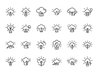 Creative Chef Hat and Light Bulb Icon Set – 25 Hand-Drawn Cooking Idea Illustrations in Minimal Line Art Style on White Background