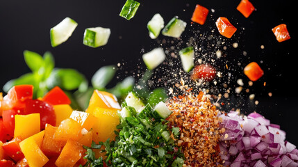 Fresh vegetables vibrant colors chopped ingredients culinary preparation healthy food cooking process explosion of flavors garnishing