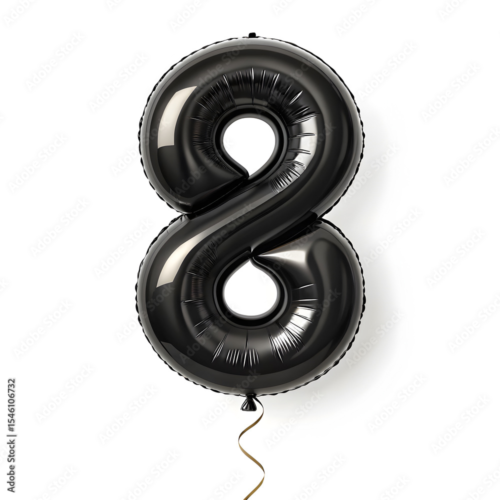 Fototapete a balloon shaped like the number 8,matte black metallic finish with realistic reflections and smooth