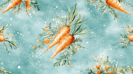 Watercolor Carrots & Florals on Blue Background