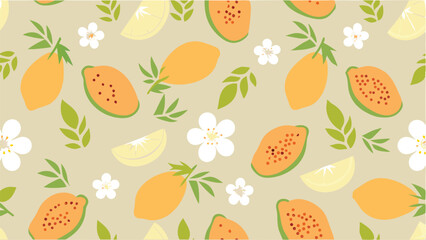 A seamless pattern featuring lemons, papayas, white flowers, and green leaves on a light beige background