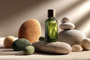 Green glass cosmetic bottle with wooden cap standing on stones with other stones around on sandy surface, promoting organic skincare products and natural beauty treatments