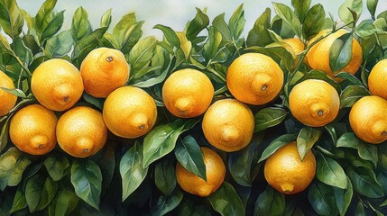 Watercolor Painting of Lemons on a Branch with Green Leaves