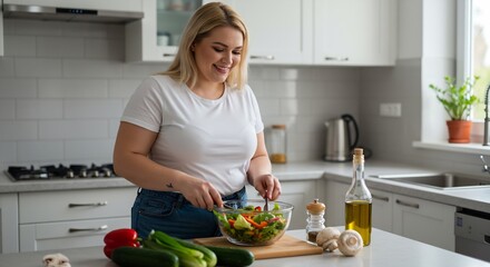 Plus-Size Woman Preparing a Healthy Salad in a Bright Modern Kitchen