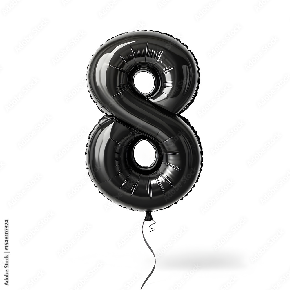 Fototapete a balloon shaped like the number 8,matte black metallic finish with realistic reflections and smooth