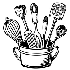 Kitchen tools coloring page with pan, spatula, whisk, bowl, apron, and measuring cup