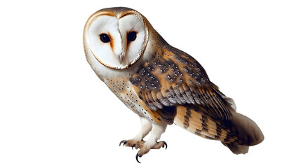 A barn owl perched against looking forward on transparent background png