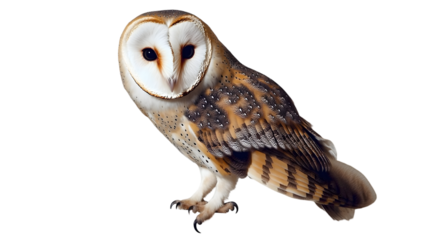 A barn owl perched against looking forward on transparent background png