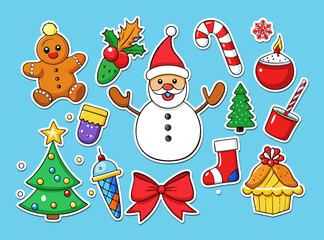 Cartoon Christmas Stickers Featuring a Snowman Gingerbread Man and Holiday Treats