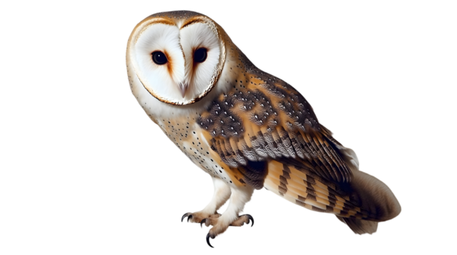 A barn owl perched against looking forward on transparent background png