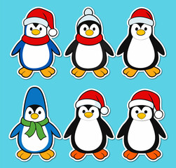 Festive Cartoon Penguins Wearing Winter Hats and Scarves on a Blue Background