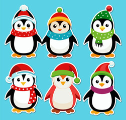 Cartoon Penguins Wearing Winter Hats and Scarves on a Blue Background