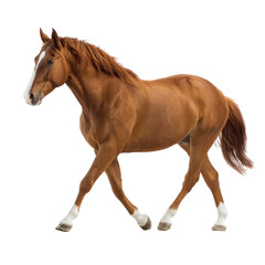 Fototapeta premium Brown Horse Walking Gracefully on White Background with Flowing Mane and Strong Build