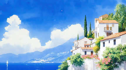 Picturesque coastal scene featuring charming white houses with terracotta roofs, lush greenery, and vibrant blue sky. tranquil sea reflects beauty