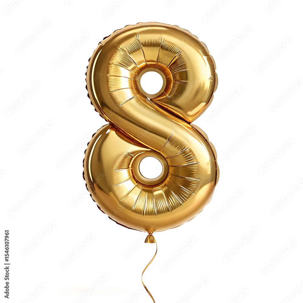 Fototapete a balloon shaped like the number 8 ,gold metallic finish with realistic reflections and smooth textu